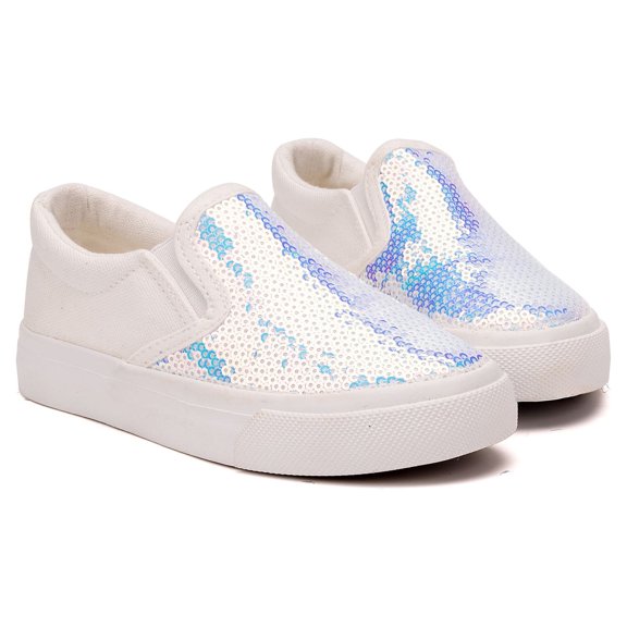Toddler Girls Canvas Sneakers Loafer Shoes Slip On Little Kids Sequins Glimmer Glitter Sparkle Low Top Non Slip Rubber Sole Lightweight Breathable Walking Outdoor Fashion Casual White Size 5