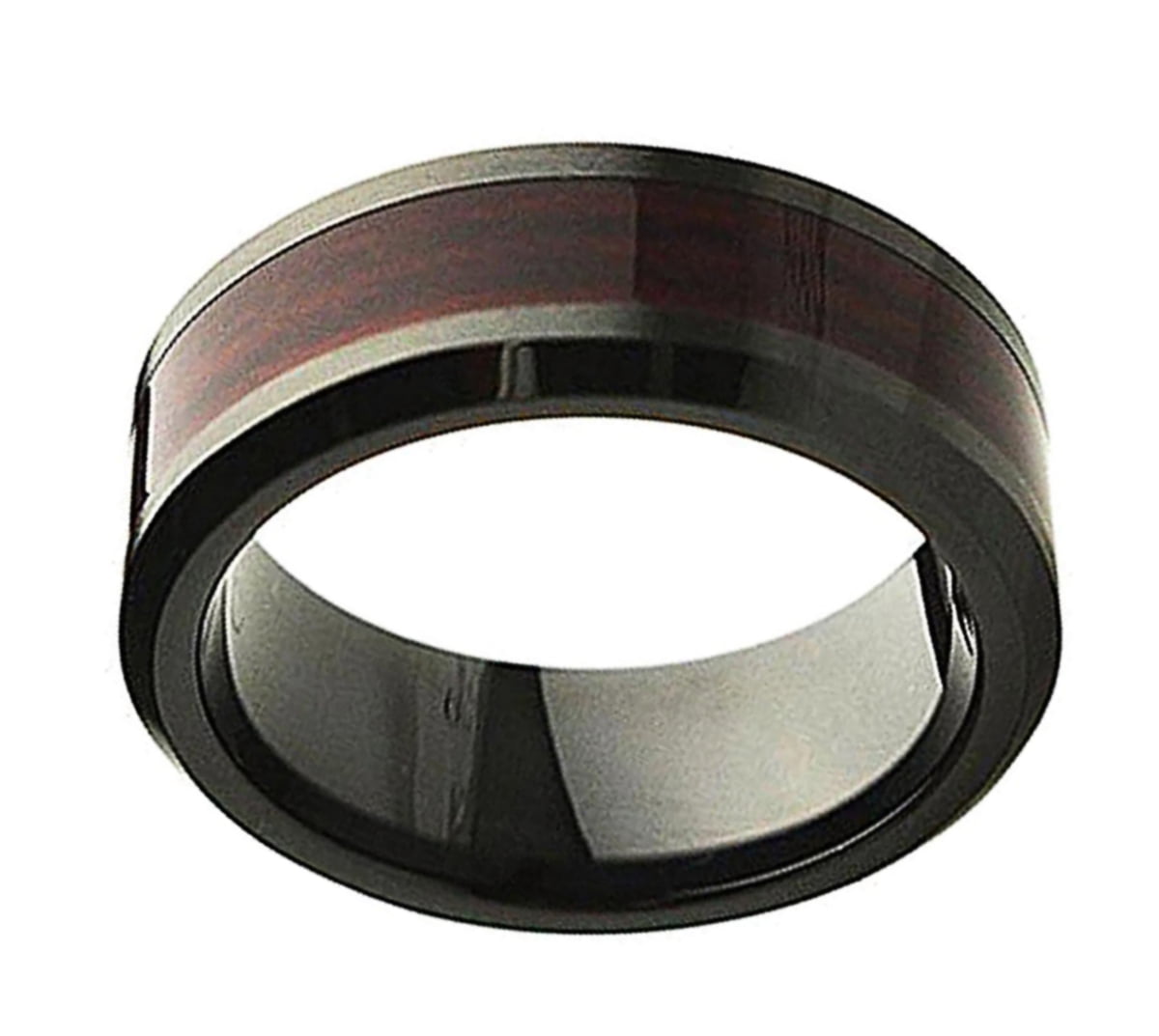 8mm Mens Or Ladies Black Ceramic with Laminate Wood Inlay Wedding Band Ring