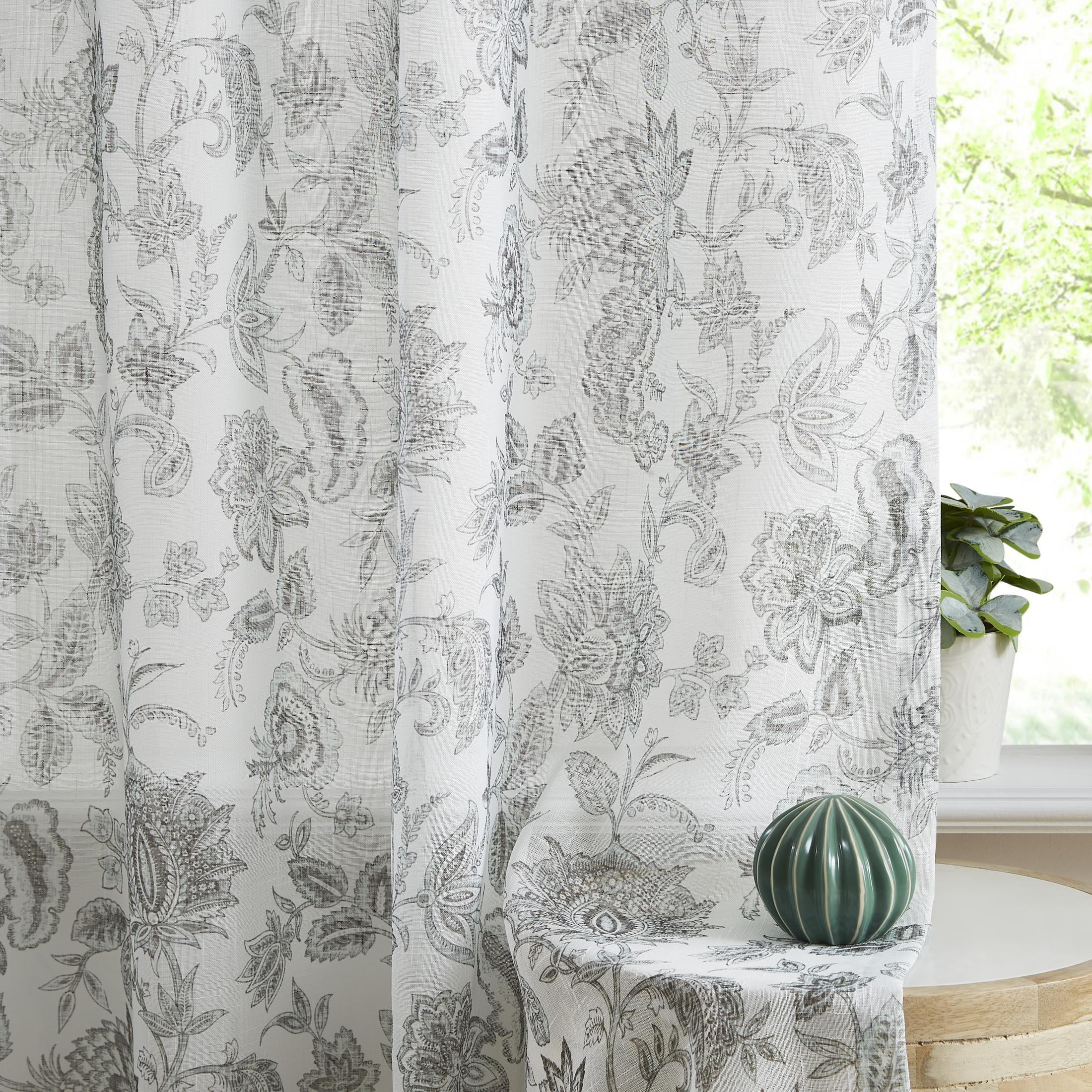 AZZCIA Sheer Curtains 52"x84", Gray Botanical Floral Leaf Print Linen Texture Grommet Drapes for Living Room
