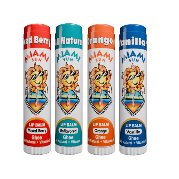 Miami Sun Anti‑Aging Lip Balm Variety Pack with Ghee, Mixed Berry, Natural, Orange and Vanilla Bean Flavors, 4 Count