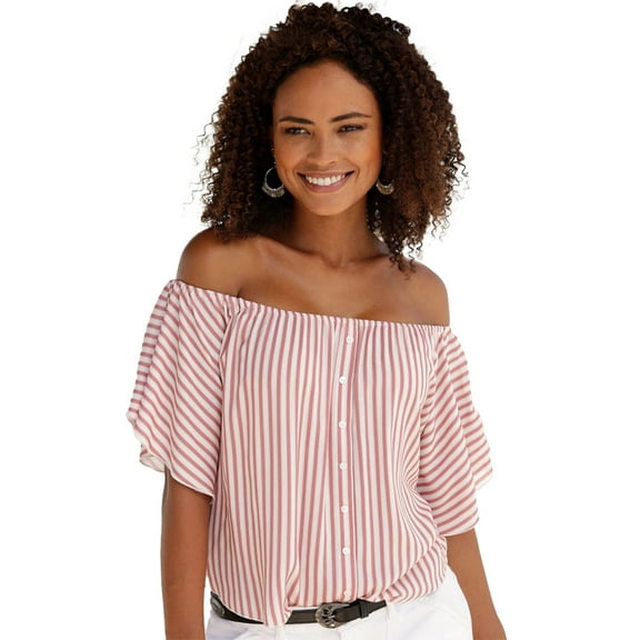 LASCANA Women's Striped Off Shoulder Top Buttons