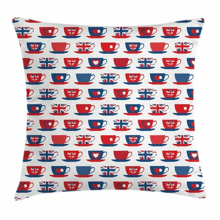 Union Jack Cushions (Tea Party Throw Pillow Cushion Cover, Great Britain Themed Teacup Forms Patterned Union Jack Hearts Flags, Decorative Square Accent Pillow Case, 18 X 18 Inches, Vermilion Night Blue, by)