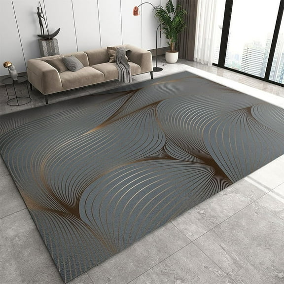Gray Dark Gold Stripe Area Rugs, Simple Abstract Fashion Washable Rug, Soft Non-Slip Durable Low Pile Carpet for Living Room Bedroom Office Kitchen Entryway Hallway 4'x6'