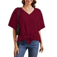thumbnail image 5 of Uvplove Womens Tie Front Blouses V Neck Short Sleeve Chiffon Tops Dressy Casual Summer Shirts,Wine Red,US Size L, 5 of 10
