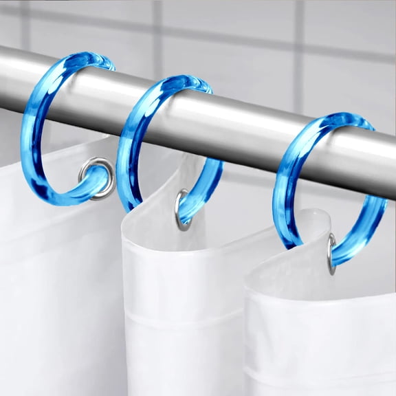 12 Piece Premium Plastic Blue Shower Curtain Hooks Rings Round 2.3" Inches