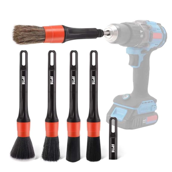 SPTA 5Pcs Car Drill Brush, Attachment Detachable Car Care Detailing Brush Set Soft No Scratch Boar Hair Detail Brush for Air Vent Automotive Interior Exterior Cleaning