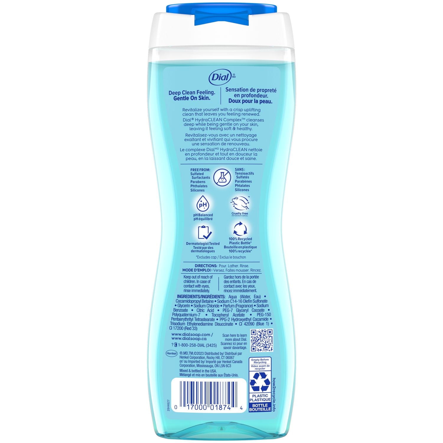 Dial Spring Water Refreshing Body Wash, 473ml, Dermatologist Tested, Free from Silicones, Parabens, Phthalates, SLS, Pack of 1, 1 bottle, 473ml