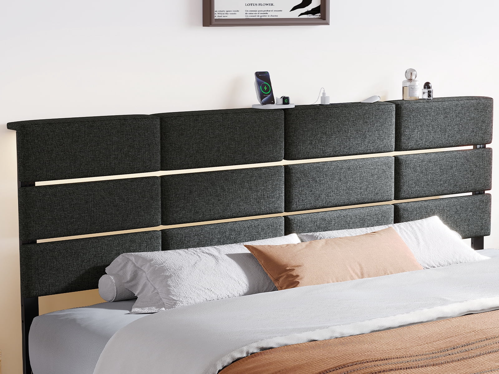 Adjustable Upholstered Headboard for King/California King, RGB LED, Charging Station, Dark Grey