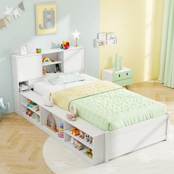 Costway Twin Size Bed Frame with Trundle & Power Outlet Bookcase Headboard Sliding Doors