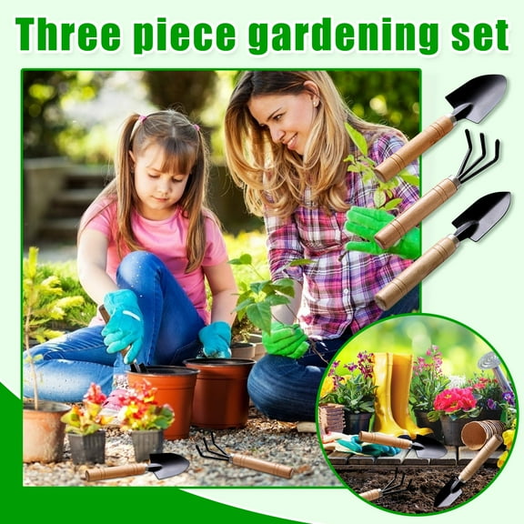ROLKFUK 3-Piece Garden Tool Set, Stainless Steel Hand Tools with Wood Handle for Indoor Outdoor Gardening