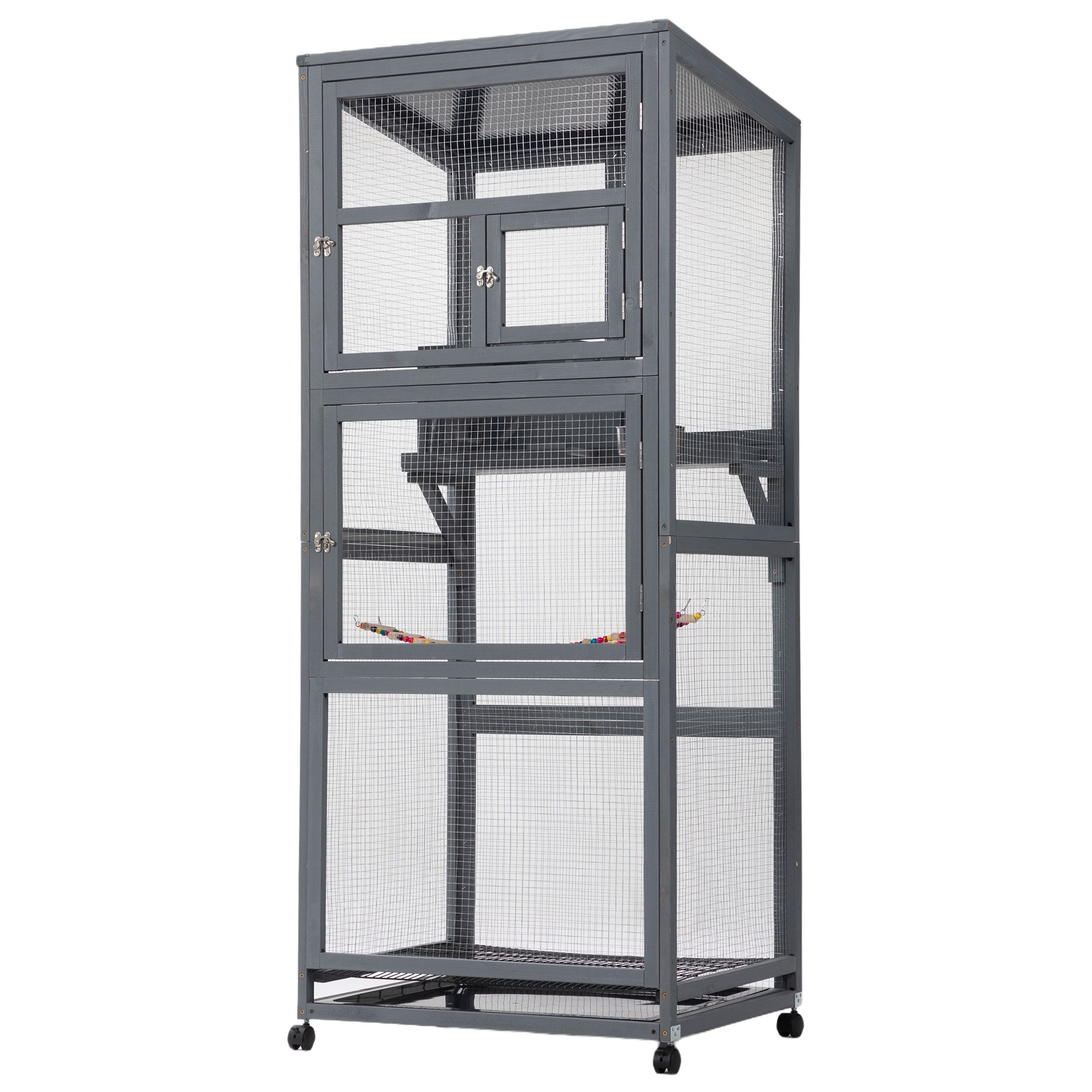 Kadyn 68" Outdoor Large Bird Cage with Universal Wheels, Wood Bird Aviaries Flight Cage Indoor Bird Habitats for Habitat for Parakeets, Lovebirds, Canaries, Gray