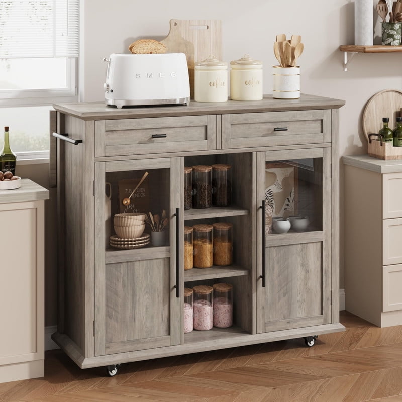 TROPOW Kitchen Island Cart on Wheels with Foldable Table, 2-Tier Rolling Kitchen Cart with Storage Shelf & Towel Rack, Mobile Workstation for Small Spaces