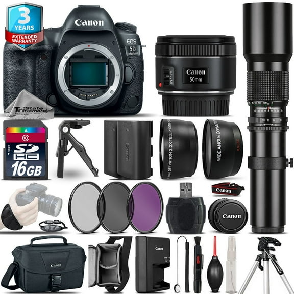 Canon EOS 5D Mark IV Camera   50mm 1.8   500mm   EXT BAT  2yr Warranty -16GB Kit (International Version)