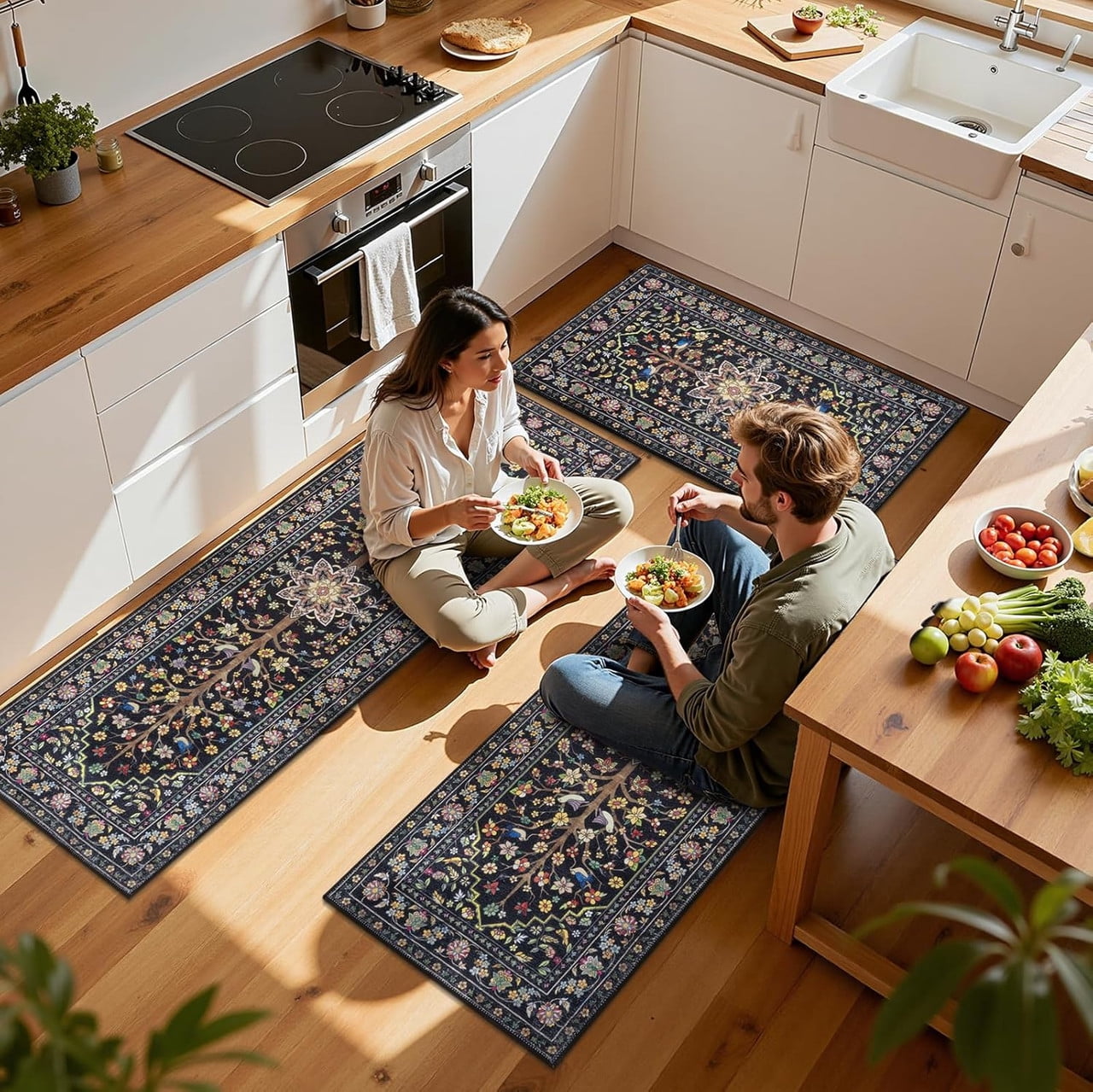 Findosom 3pcs Washable Kitchen Rug Set,Non-Slip Floral Boho Kitchen Mats Kitchen Runner Rug Floor Carpet for Hardwood Floor,Sink,Entryway,Bathroom,Home Decor,20"x32"+20"x48"+20"x59"