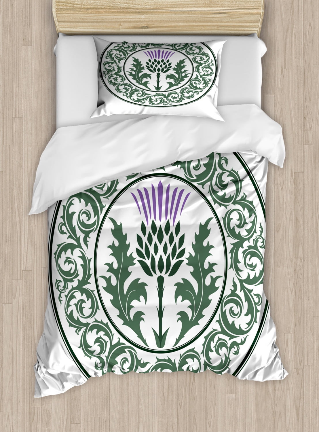 Thistle Twin Size Duvet Cover Set, Floral Ornamented Round Leaf Thistle