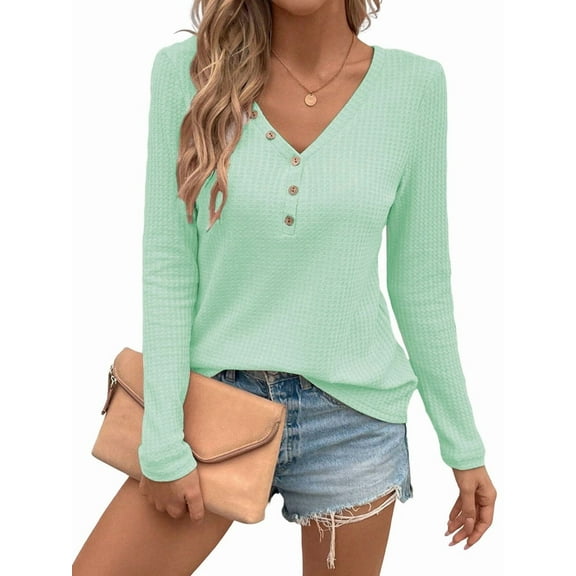 Women'S Long Sleeve Waffle Knit Shirts Dressy Casual Loose Button Up V Neck Henley Tops Fall Blouse Light Green L