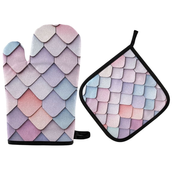 Yayeee Oven Mitts and Pot Holder Set of 2 Heat Resistant Kitchen Gloves Baking Hot Pad, Pink Art Pattern