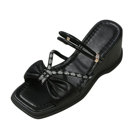 

Womens Sandals Fashion Spring And Summer Women Sandals Thick Bottom Rhinestone Bow Wedge Heel Open Toe Women S Sandals Pu Black 40