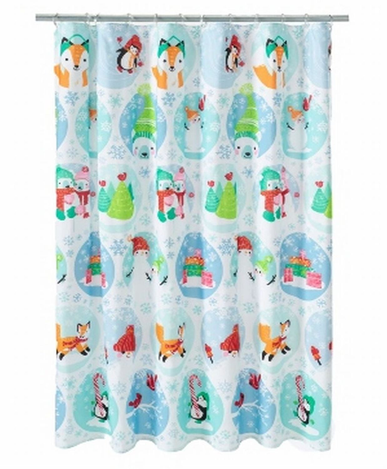 NEW "Oh What Fun" Fabric Shower Curtain Penguins Xmas Trees Christmas Holiday 