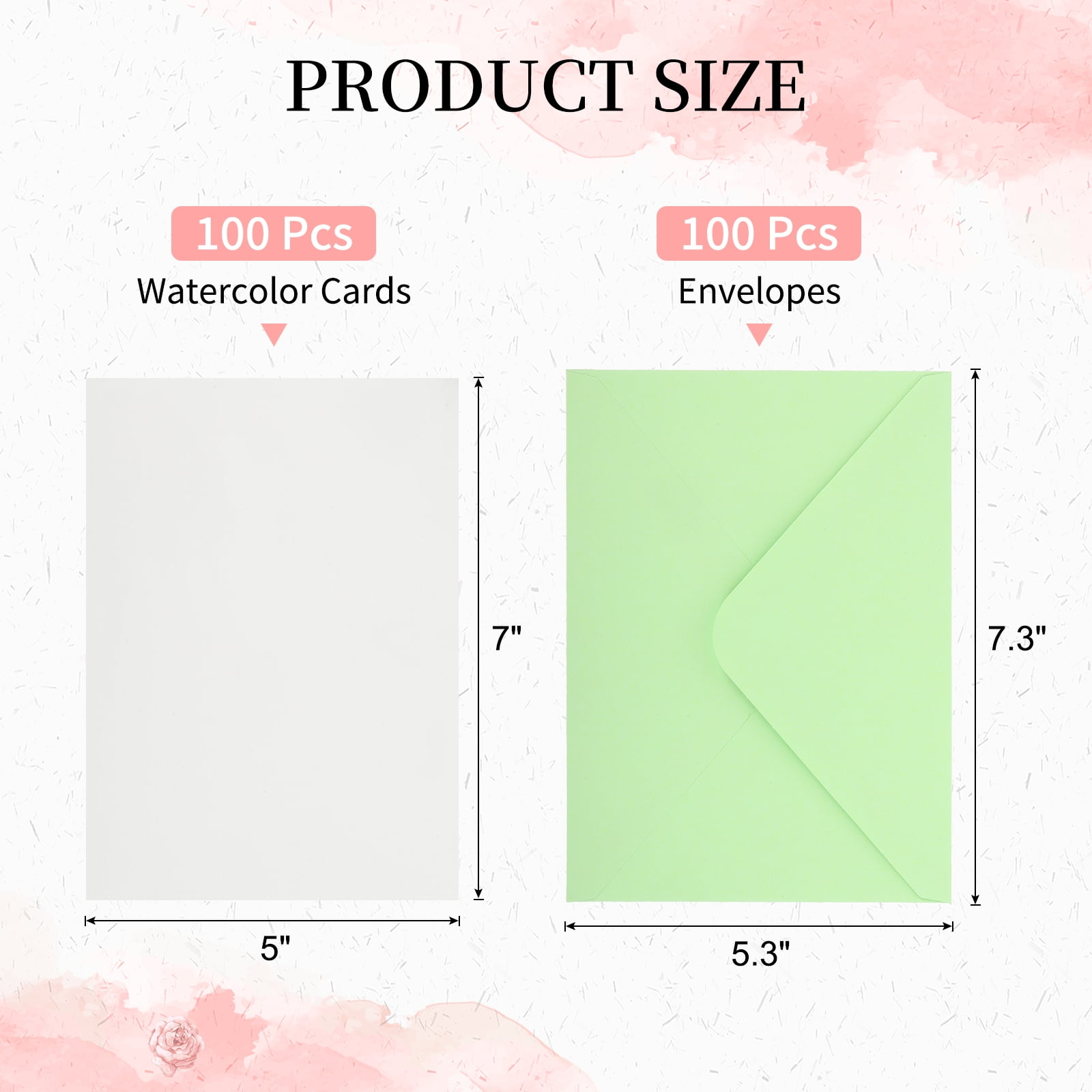 5x7 Inch Pure Cotton Watercolor Cards, 100 Sets Postcards with Envelopes 92lb/250 GSM for Art Painting Creative Thank Notes, Green