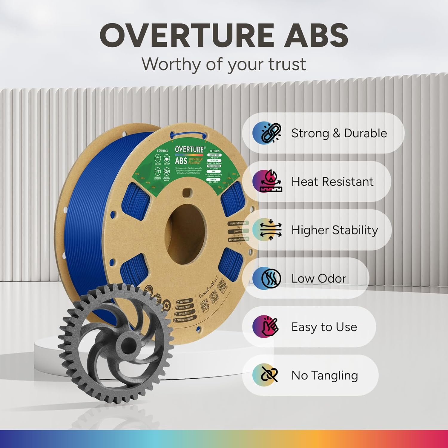ABS Filament 1.75mm, High Strength & Heat-Resistant 3D Printer Filament, Low Warping, Excellent Durability, ABS 1kg (2.2lbs) Cardboard Spool, High Precision +/- 0.02mm (Blue)