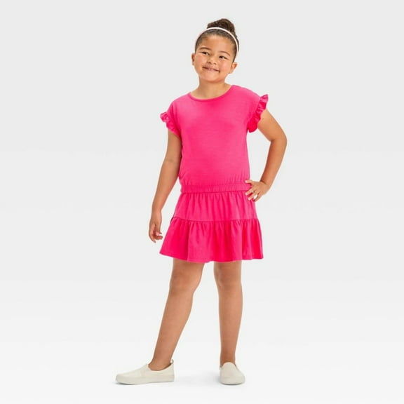 Girls' 2pc Knit Ruffle Short Sleeve Top  Skirt Set - Cat  Jack Dark Pink XL (14)