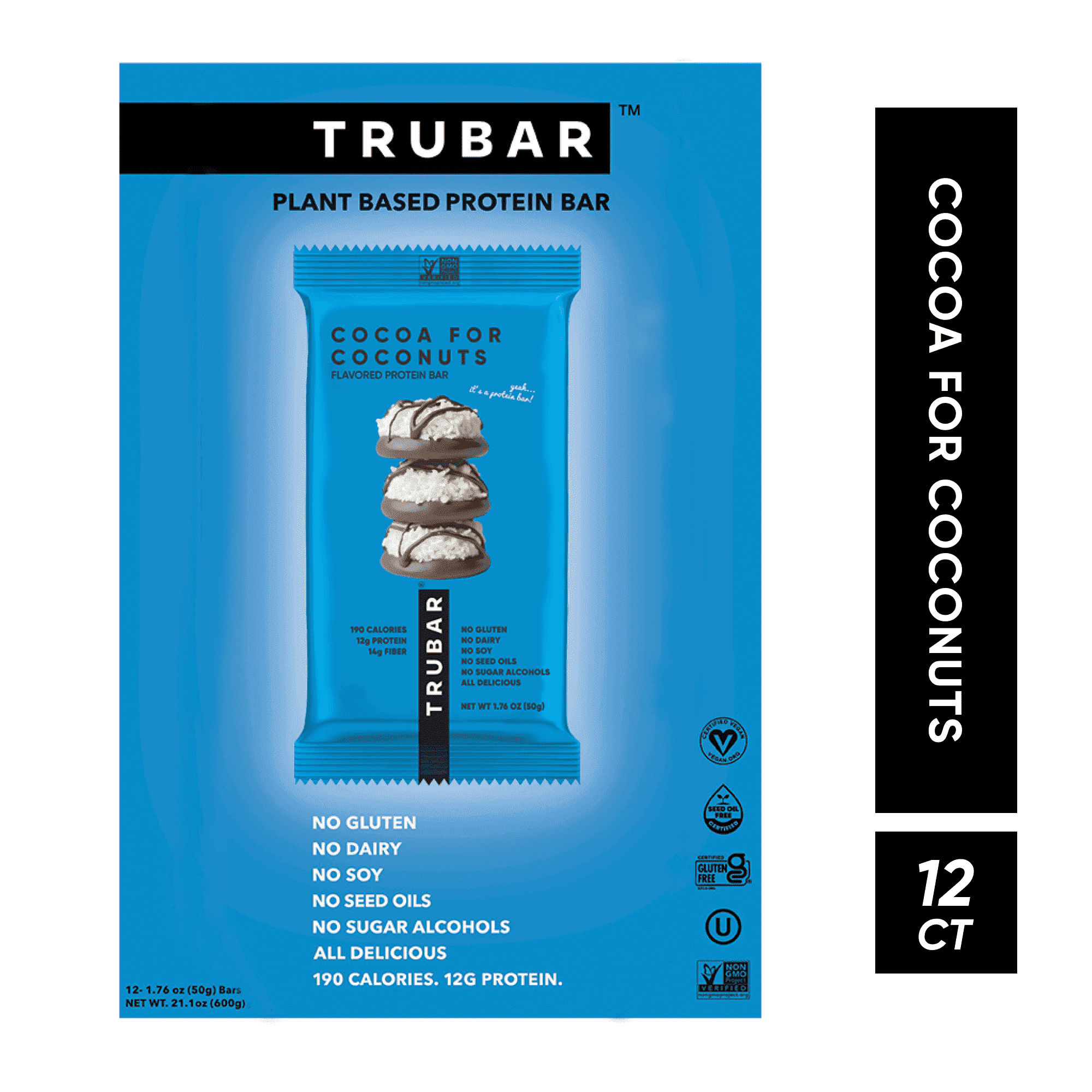 TRUBAR Cocoa for Coconuts, Plant-Based Protein Bar, Vegan, Gluten-Free, 12 Count