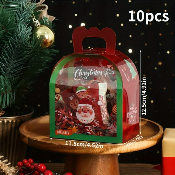 10PCS Christmas Treat Boxes with Handle, Clear Plastic Holiday Gift Boxes with Santa, Snowman, Reindeer & Christmas Tree Designs, Foldable Candy Boxes for Cookies, Chocolates, and Small Gifts