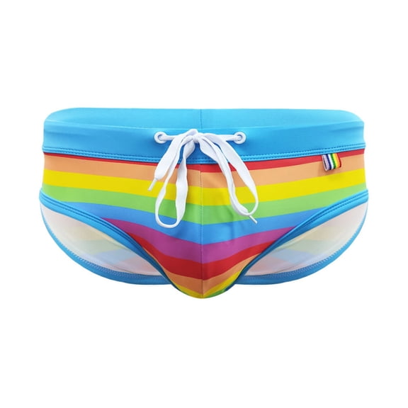 Men Drawstring Rainbow Stripe Printed Fitted Beach Swim Briefs Male Beachwear Classic Swimwear Bottoms
