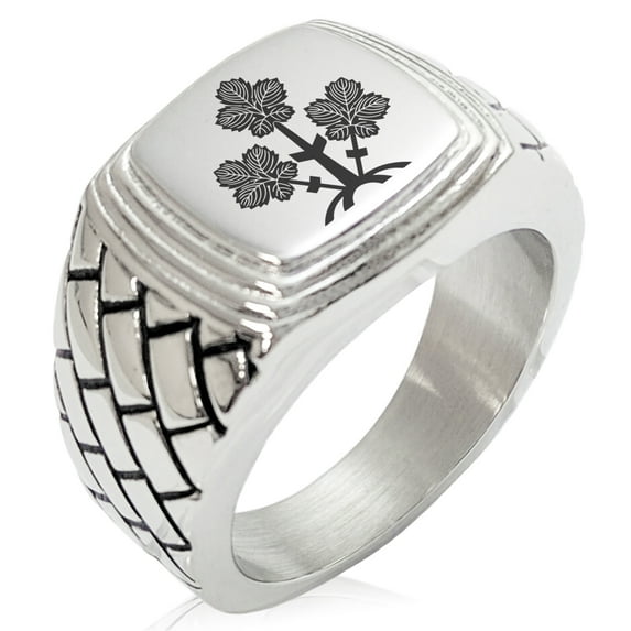 Stainless Steel Suwa Samurai Crest Geometric Pattern Step-Down Biker Style Polished Ring