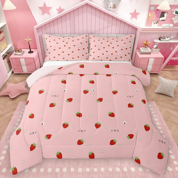 Homewish Kawaii Sweet Strawberry Bedding Comforter Set,Cute Daisy Flower Twin Comforter Sets,Pink Red Bedding Set For Girl Teens,Super Cozy Room Decor Reversible,2pcs