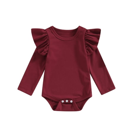 

Wallarenear Baby Girl Ruffle Romper Long Sleeve Rib Knit Jumpsuit Onesie Bodysuit Tops