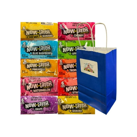 Variety Pack Now and Later Candy with 10 Assorted Flavors, 0.93 oz Each, Includes Blue Paper Gift Bag 5.25x3.2x8 Inch, Fruit Candy Mix, Individually Wrapped, Party Favor, Snack Pack, Bulk Treat