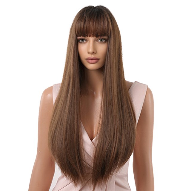 Long Black Wig Human Hair with Bangs and Wig Cap Glueless Straight Natural Wigs 26 Inch