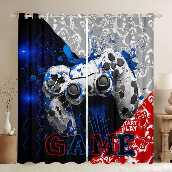 Feelyou Video Gamer Gamepad Black Out Curtains, Blue Red Watercolor Splatter Curtains Pack of 2 (42x63 Each), Honeycomb Abstract Bedroom Curtains, Blackout Curtains Room Decor
