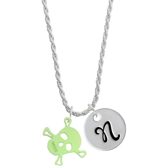 Delight Jewelry Acrylic Small Lime Green Skull Silvertone Script Initial Disc - N - Charm Necklace, 20"+3"