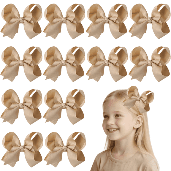 JoyBowie 12pcs 4.5inch Beige Ribbon Hair Bows for Girls Daily Party School Hairstyling