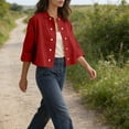 thumbnail image 5 of Endives Linen Shirts For Women Button Down Shirt Summer Solid Color Casual Half Sleeve Blouse Beach Loose Shirt Womens Tops Red, 5 of 7
