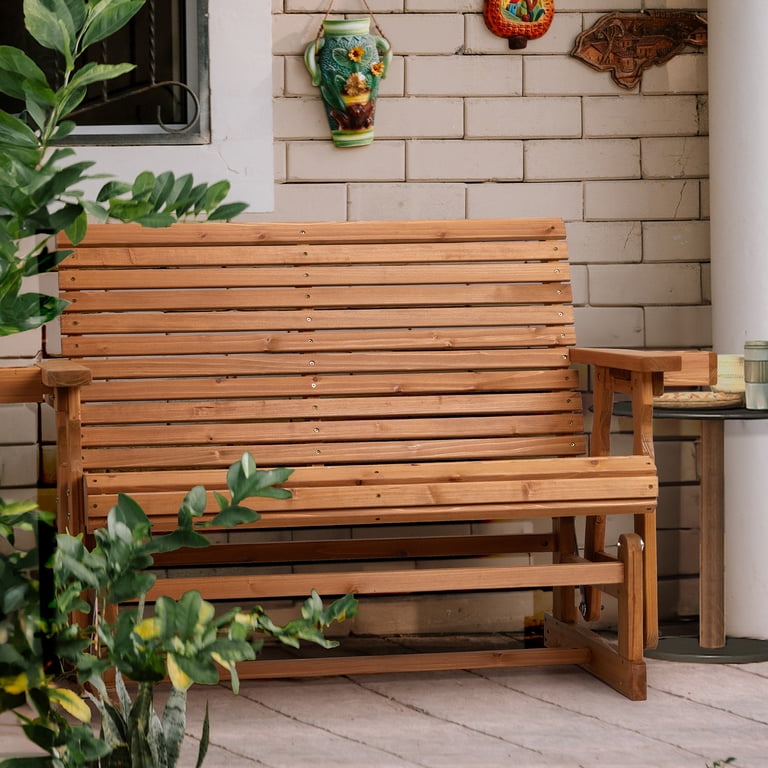 Zimtown 2-Person Wooden Glider Bench, Teak with Cup Holder photo 4