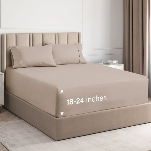 CGK Linens 4-Piece Extra Deep Pocket Sheet Set - Queen Size Breathable & Cooling Bed Sheets Fits 18"-24" Mattresses, Wheat