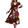 thumbnail image 7 of HAPIMO Round Neck Floral Print Pleated Dress Women Casual Dress for Daily Wear Wine L, 7 of 7