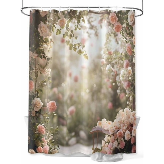 Shower Curtain Pink Roses Shower Curtains for Bathroom, Waterproof Polyester Shower Curtain Set with Hooks, Stall Long Size 54"x78" Spring Landscape