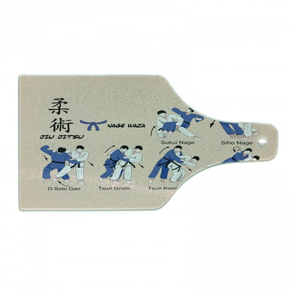 Jiu Jitsu Cutting Board, Martial Arts Defense Techniques Sport Practice Theme Ai o Karate Judo, Tempered Glass Cutting and Serving Board, Wine Bottle Shape, Blush Blue and Black, by Ambesonne
