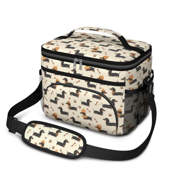 Dachshund and Bone Beige Pattern Insulated Lunch Box for Women Men, Medium Leakproof Cooler Bag with Adjustable Strap, 10"x6.7"x8"