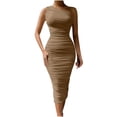 thumbnail image 3 of Ahuyic Womens Casual Dress,Womens Plus Size Dress,Womens Solid Color Sleeveless Summer One Shoulder Slim Dress,Khaki,L, 3 of 5
