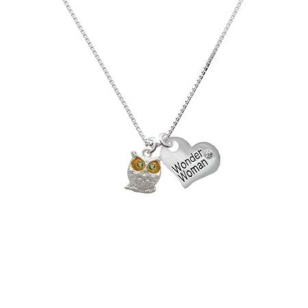 Eyed Owl Pendant - Silvertone Owl with Lime Green Crystal Eyes Wonder Woman Heart Necklace