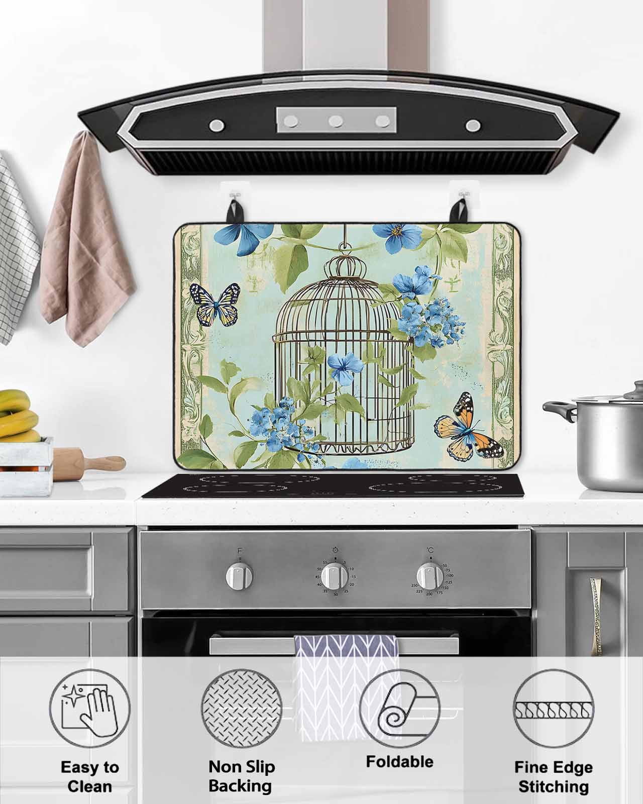 nqOlkjepod Large Induction Cooktop Protector Mat 36"x21", Birds Cage Stove Top Covers for Electric Stove, Green Botanical Blue Floral Decorative Stove Burner Cover Mats, Glass Top Stove Cover