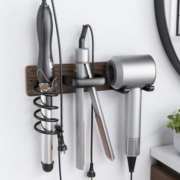 Hair Dryer Holder Curling Iron Holder Flat Iron, Blow Dryer Holder Wall Mount, 3 in 1 Bathroom Hair Tool Organizer Rack for Universal Dryer, Walnut Matte Black