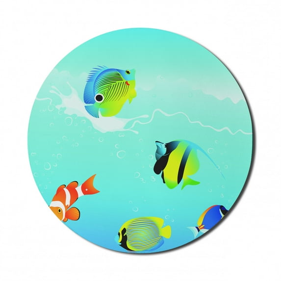 Ocean Mouse Pad for Computers, Nautical Navy Deep Sealife Image with Exotic Tropical Exotic Little Fish, Round Non-Slip Thick Rubber Modern Mousepad, 8" Round, Blue Orange and Yellow, by Ambesonne