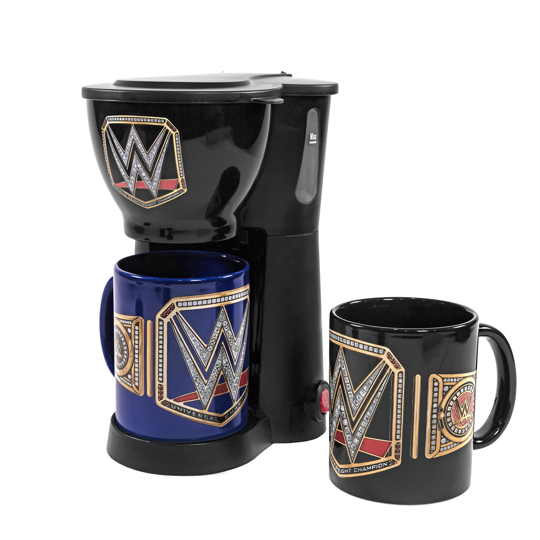 Uncanny Brands WWE Single Cup Coffee Maker Gift Set with 2 Mugs - Caffeinate Like A Champion